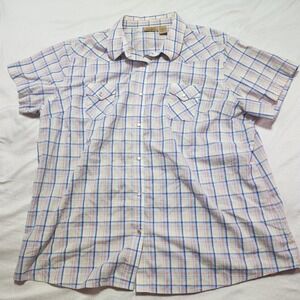 VTG Wrangler Pearl Snap Shirt Womens 3XL Peach Plaid Short Sleeve Western Button
